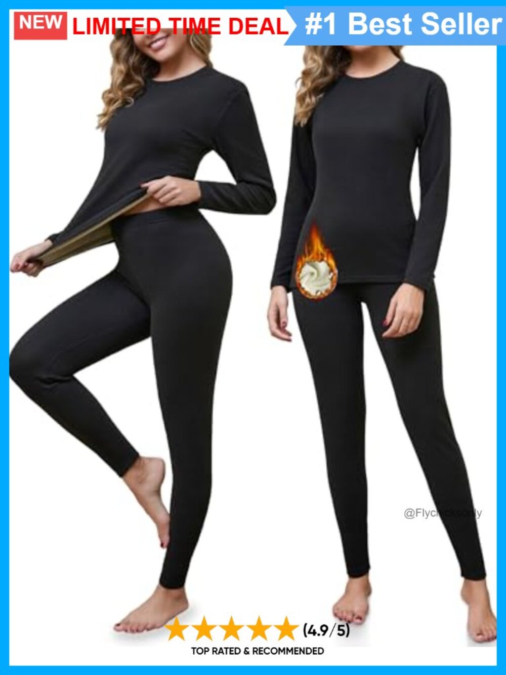 Fleece Lined Thermal Underwear Set Long Sleeve Base Layer Leggings & Top